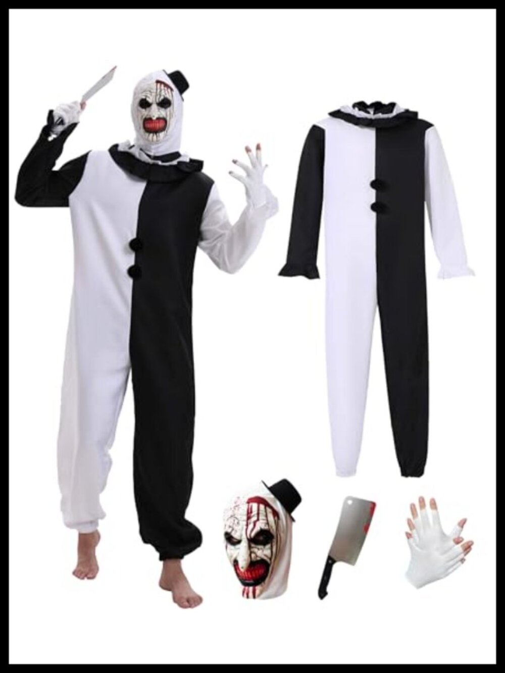 Scary Clown Halloween Costume Set Adults Kids Bodysuit Mask Gloves Knife